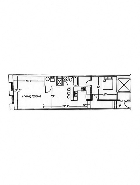 Floor plan for 1 bed, 1 bath, 904 sqft